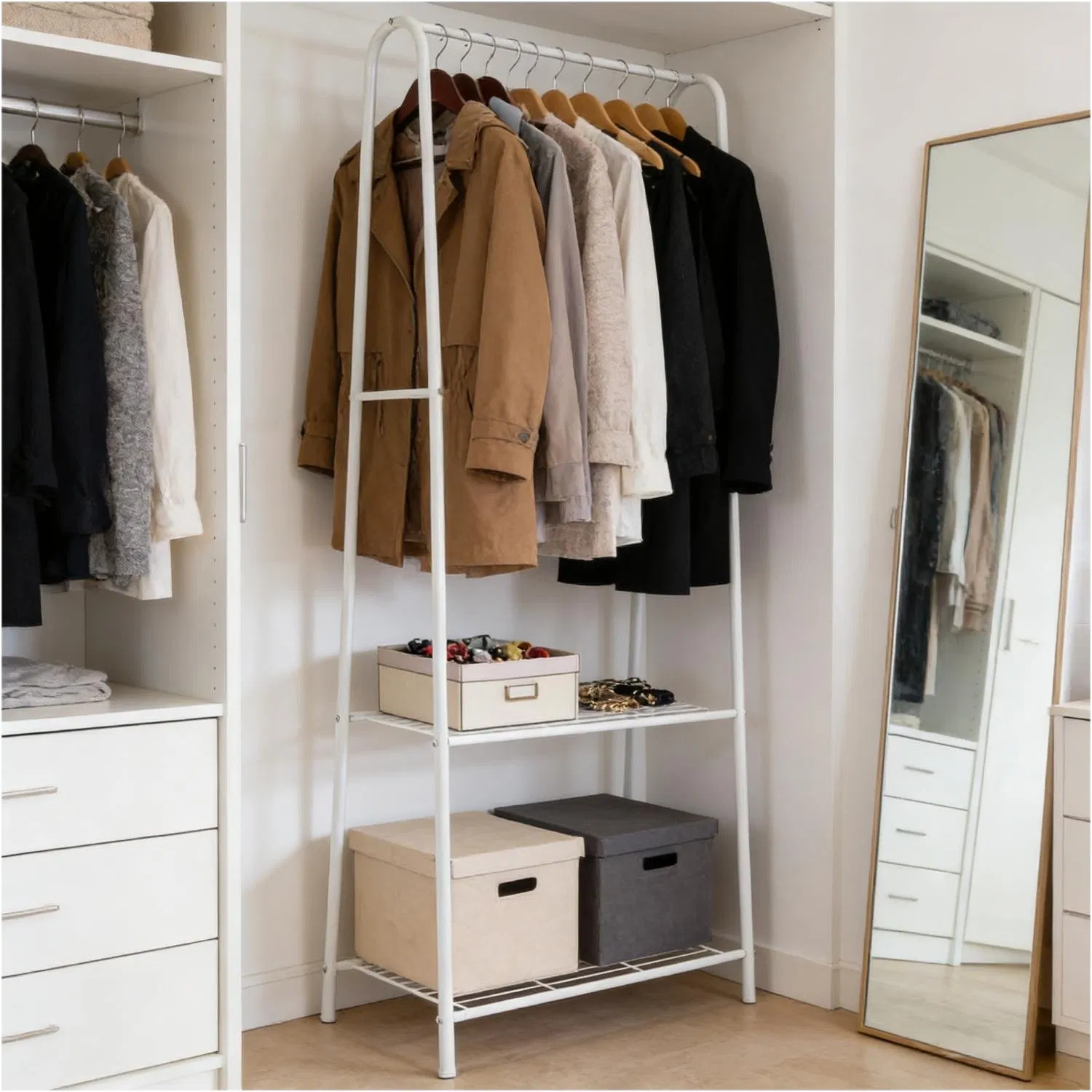 Compact Vertical Coat Rack - 2 Storage Shelves &amp; Clothing Hanger Rod, White Metal Coat Rack for Entryway Organization