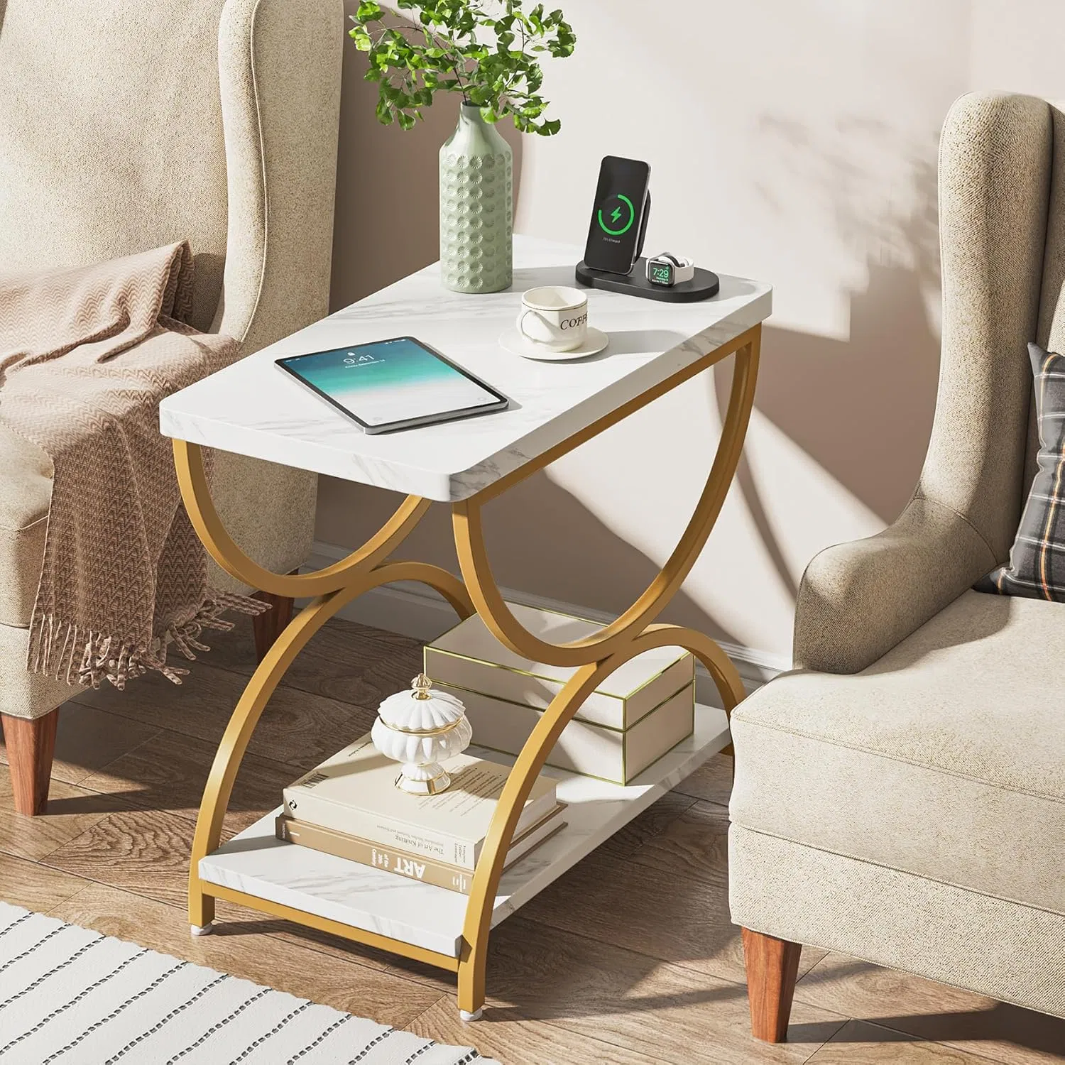 Faux Marble Chairside Tables Living Room 2-Tier Nightstand Bedside Table for Bedroom