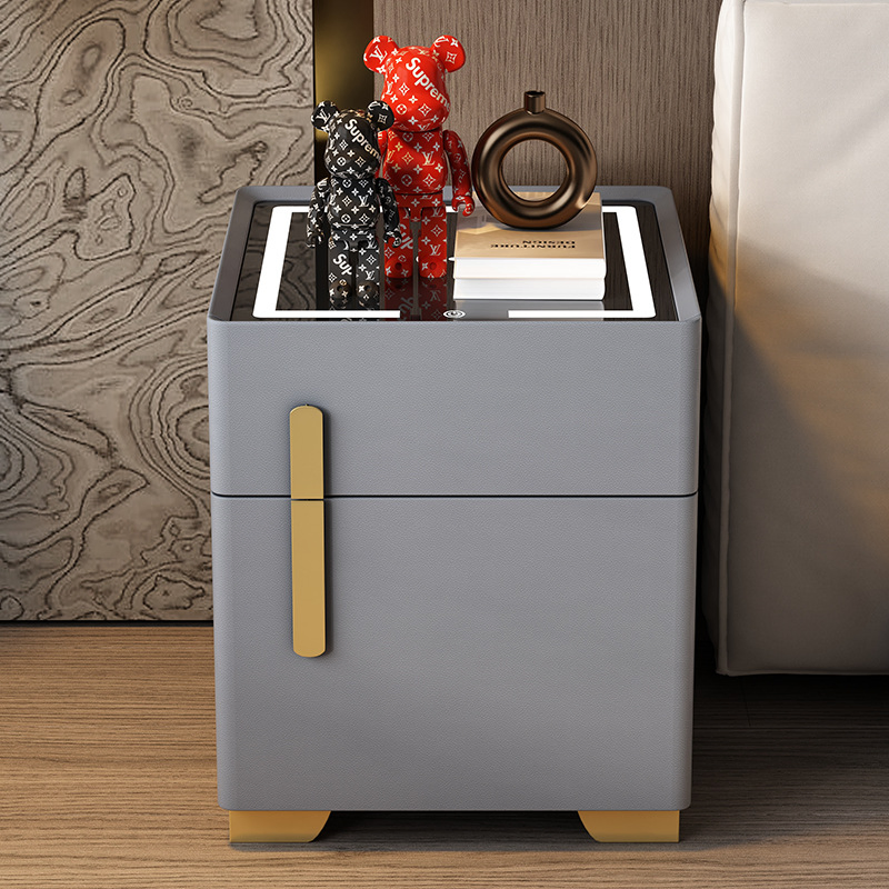 Modern LED Leather Night Stand Table USB Mesita De Noche Inteligente Bedroom Luxury Wooden Smart Nightstand Bedside Table
