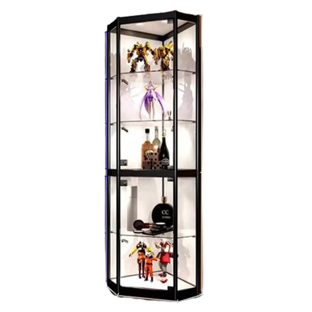 High End Corner Display Cabinet in Gold/Black/Silver/White with Thickened Base and LED Light Box Made of Wood/Metal/Glass/Acrylic/MDF for Toy/Garage Kit Display