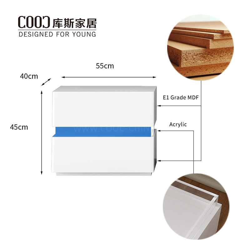 Modern White Acrylic Intelligent LED Light Night Stand Smart Bedside Table with Wireless Charging