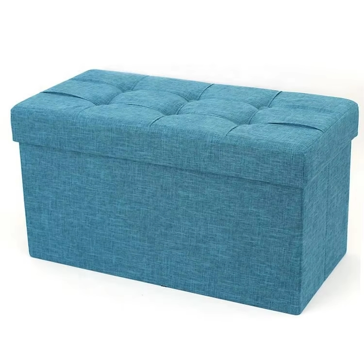 Living Room Furniture Set Long Size Blue Velvet Fabric Foldable Storage Bench