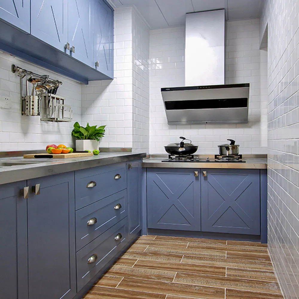 Solid Wood Shaker Door Kitchen Cabinet Unit Black Lacquer L Shape Kitchen Cabinet Pantry Furniture with Quartz Stone Countertop