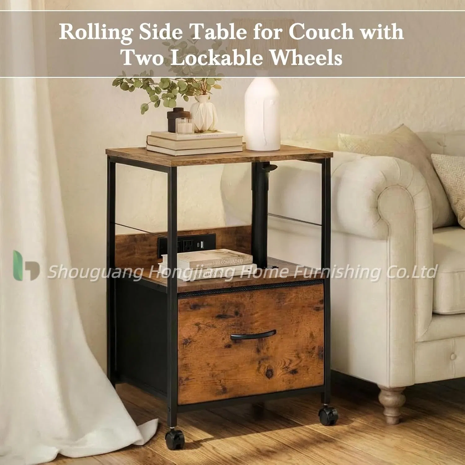 Lift Top Bedside Table with Charging Station, Rolling Night Stand