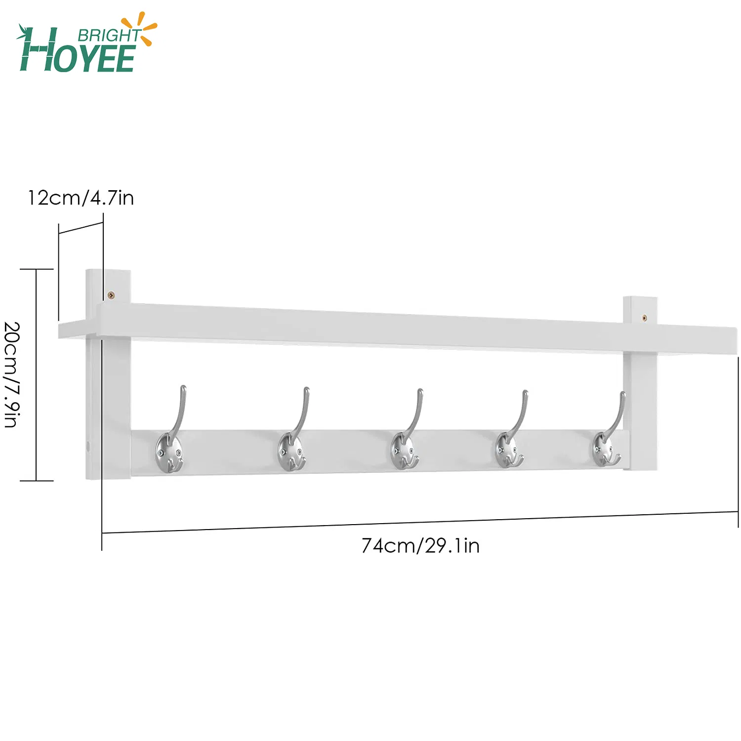 White Color Bamboo Entryway Wall Shelf Hanging Shelf 29 in L, Wall-Mounted Coat Hook Rack with 5 Dual Metal Hooks for Hallway, Bathroom, Living Room, Bedroom