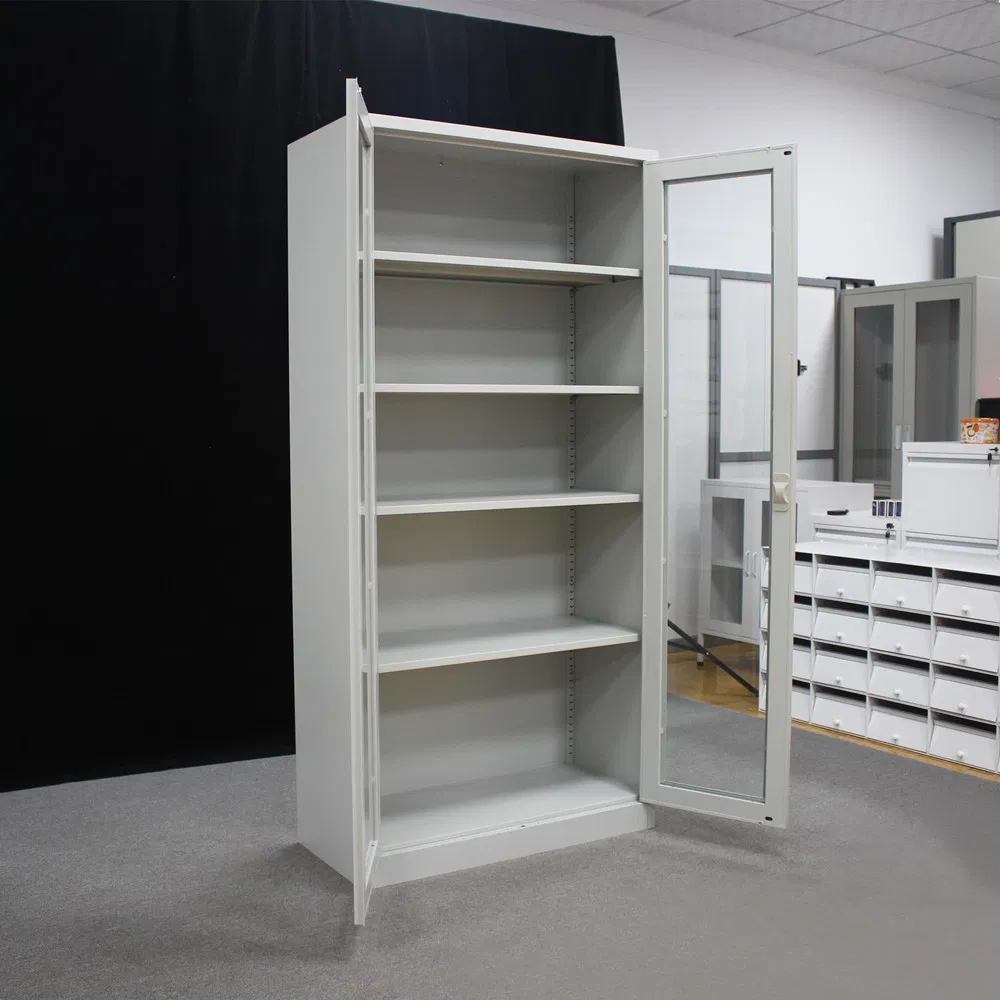 Double Door Library Book Gray Lockable 4 Shelf Steel Glass Door Filing Cabinet