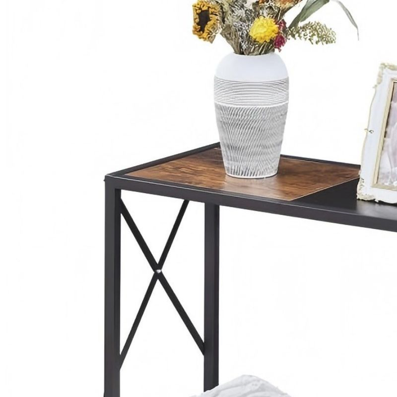 Industrial Black Metal X-Frame Rustic Wood Console Table with Bottom Storage Rack for Home Furniture