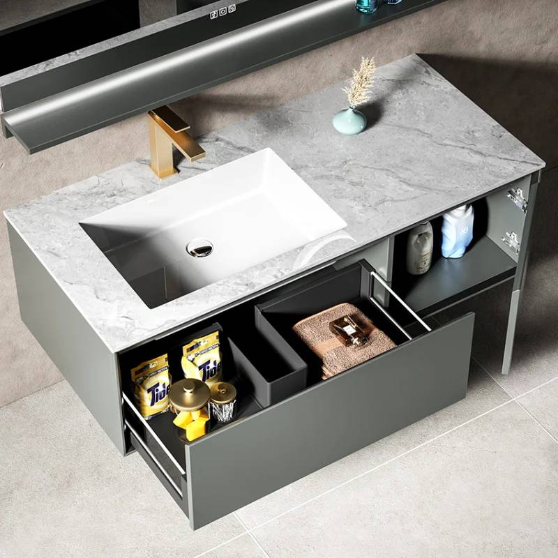 Modern Grey Solid Wood, Bathroom Furniture, Bathroom Vanity Set, Wall Mounted Bathroom Vanity, Washbasin Cabinet, Marble Design, Mirror