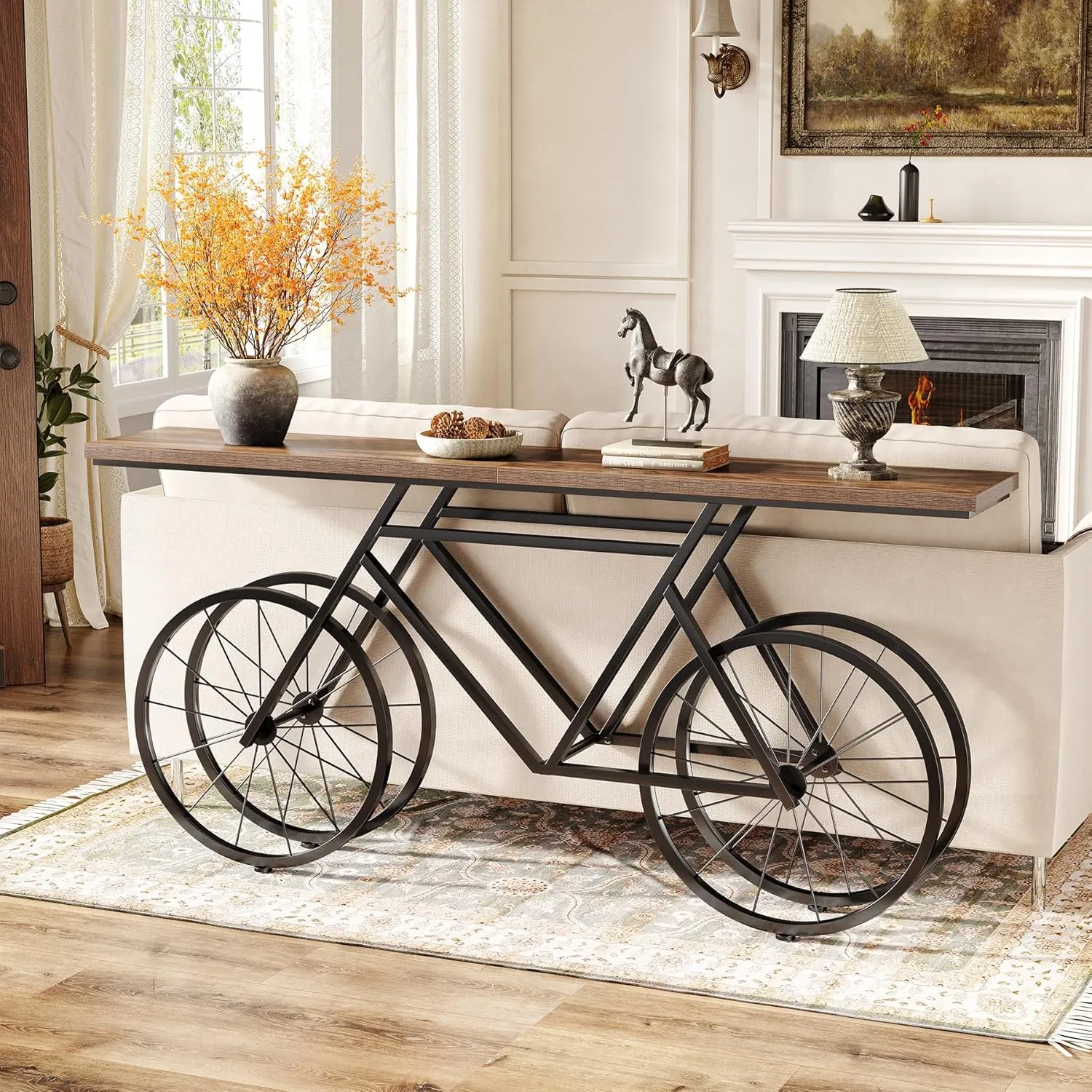 Bicycle Metal Base Long Console Table for Living Room Entryway