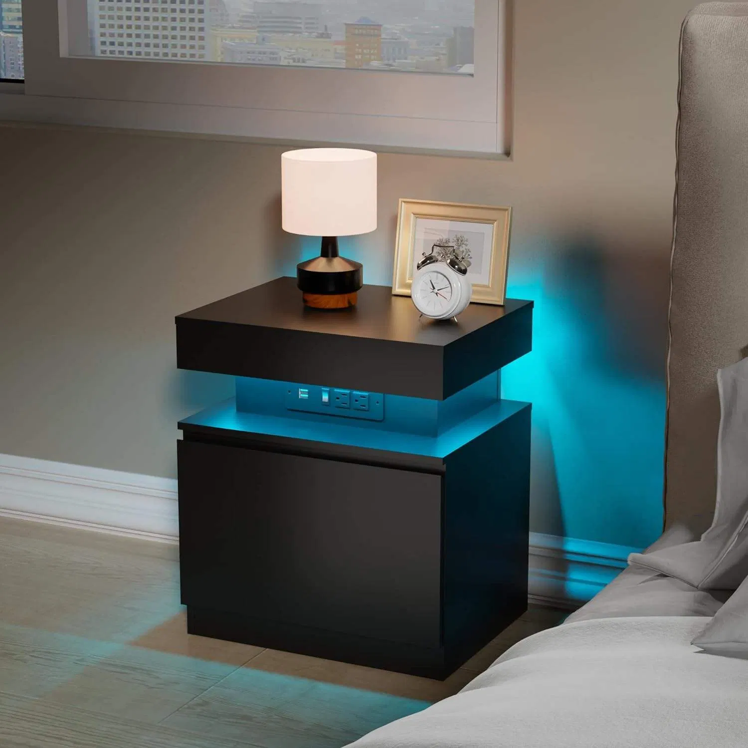 Smart Bedside Table with LED Lights-USB Nightstand Drawer for Bedroom