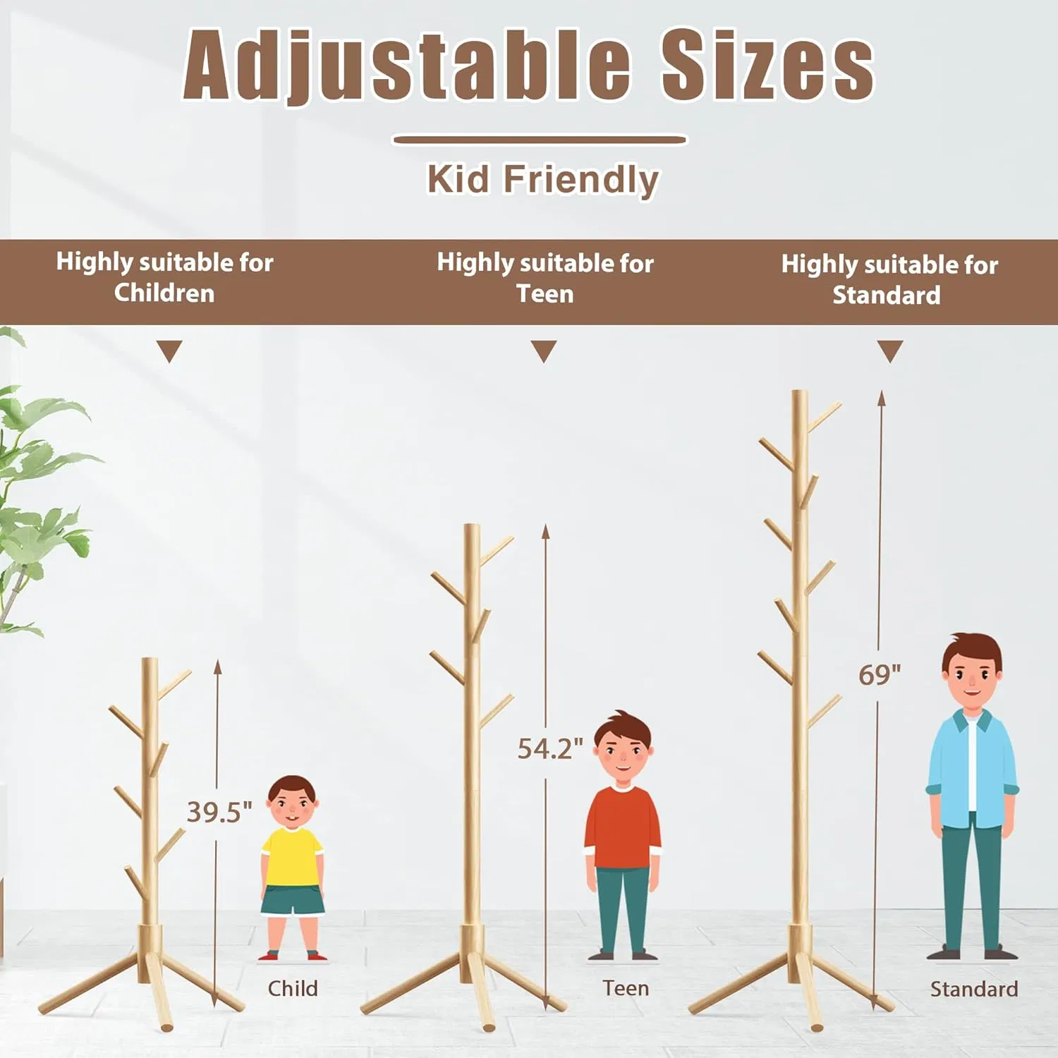 Entryway Bedroom Adjustabel Easy Assembly Wooden Coat Rack Stand with 8 Hooks