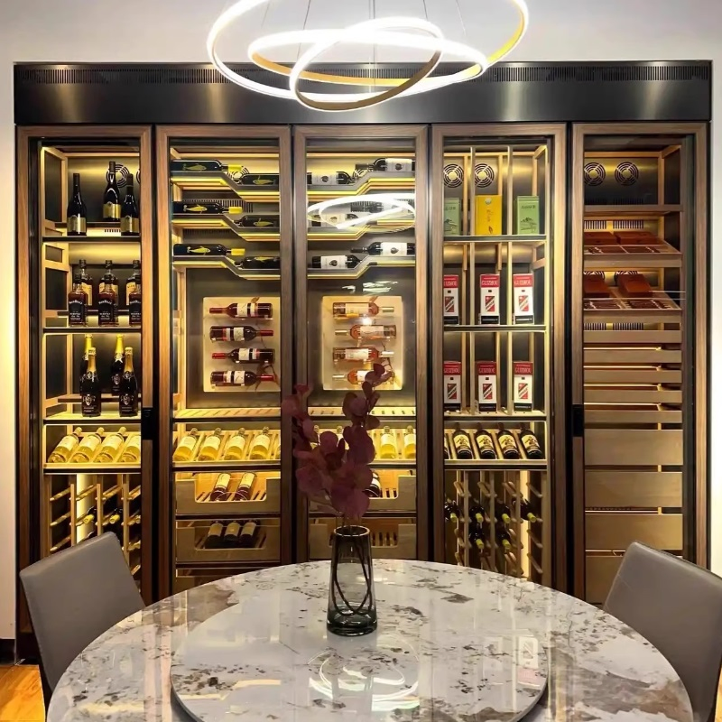 Custom Gold Stainless Steel Wine Cabinet Bar Wine Rack with Glass Door