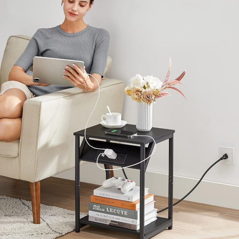 Small Nightstand Sofa Bedside Side End Table with Storage and Charging Station for Living Room