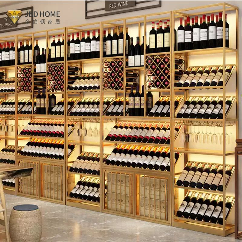 Red Wine Display Cabinet Supermarket Liquor Wine Rack Commercial Winery Solid Wood Shelf Wine Display Cabinet