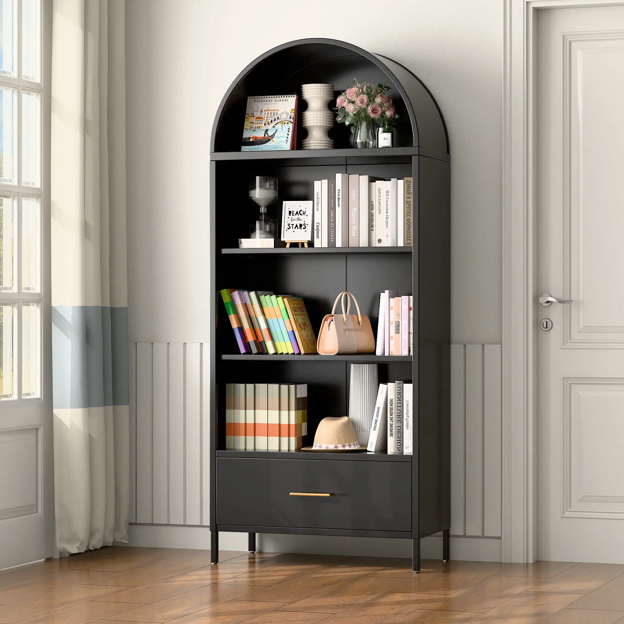 Metal Shelving Glass Doors Study Office Filing Cabinet Sideboard Wall Mounted Storage Wine Rack