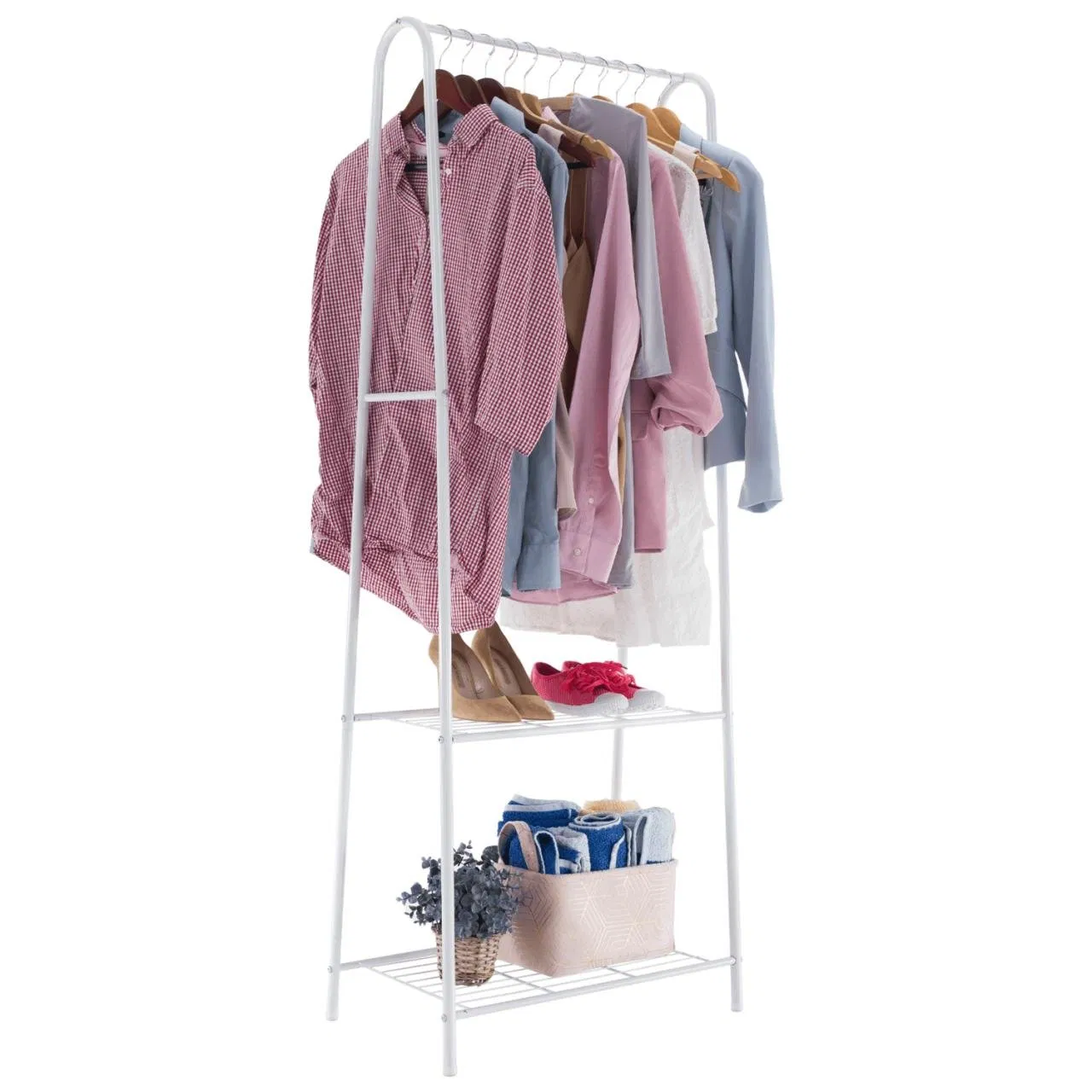 Compact Vertical Coat Rack - 2 Storage Shelves &amp; Clothing Hanger Rod, White Metal Coat Rack for Entryway Organization