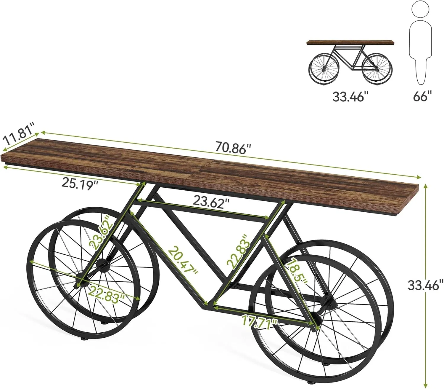 Bicycle Metal Base Long Console Table for Living Room Entryway