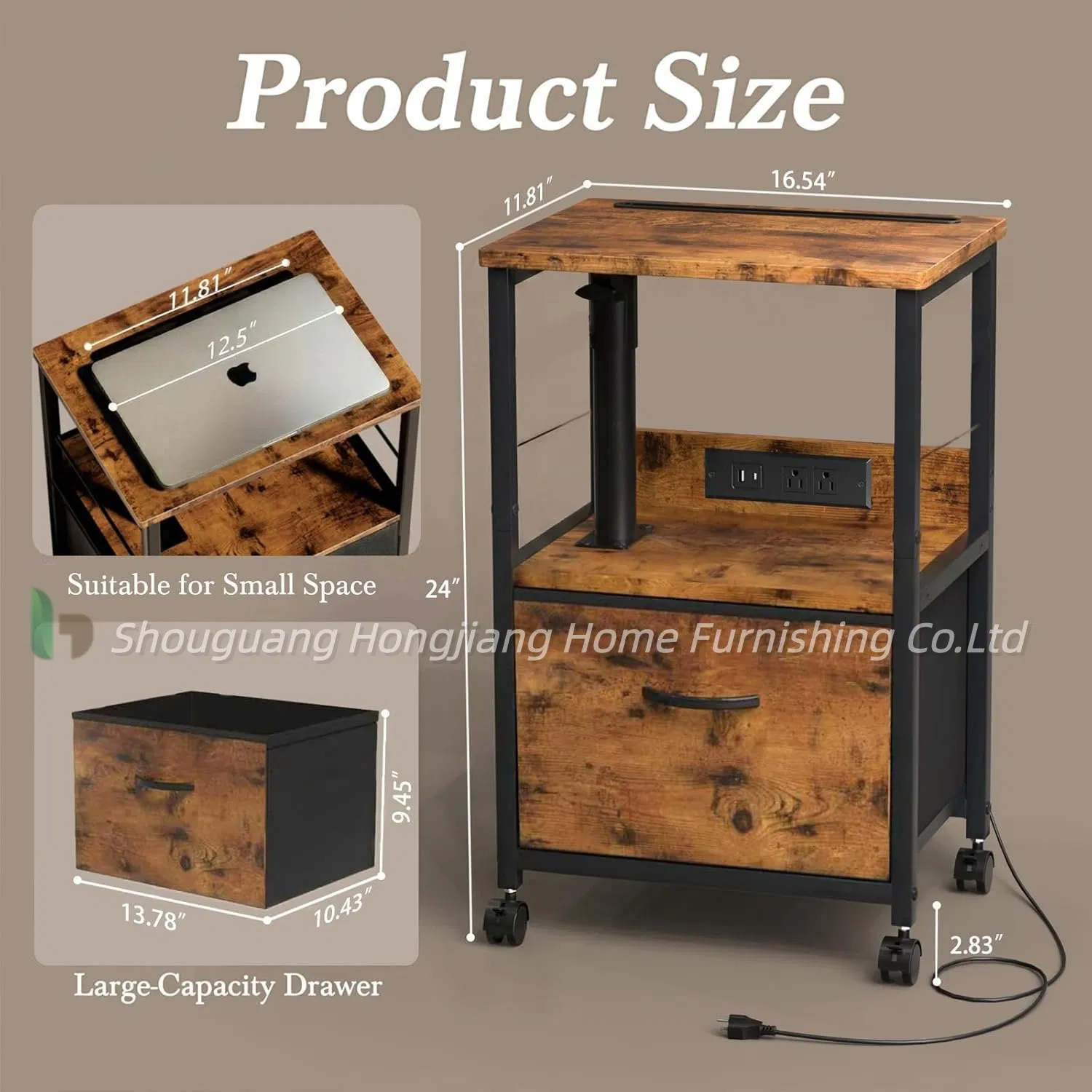 Lift Top Bedside Table with Charging Station, Rolling Night Stand