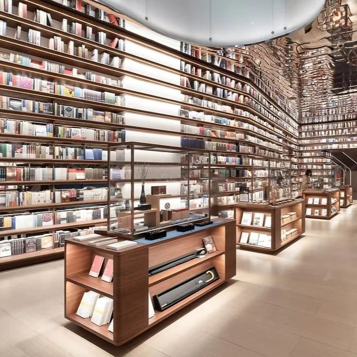 Elegant Custom Library Wooden Display LED Lighting Bookshelves Cabinets for Bookstore Interior Layout Design