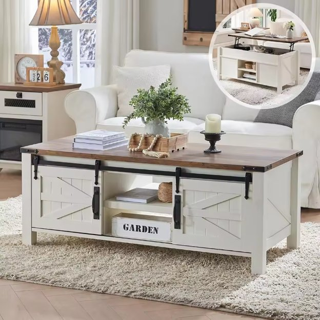 Adjustable Shelf Lift Top Coffee Table with Sliding Barn Door Hidden Storage