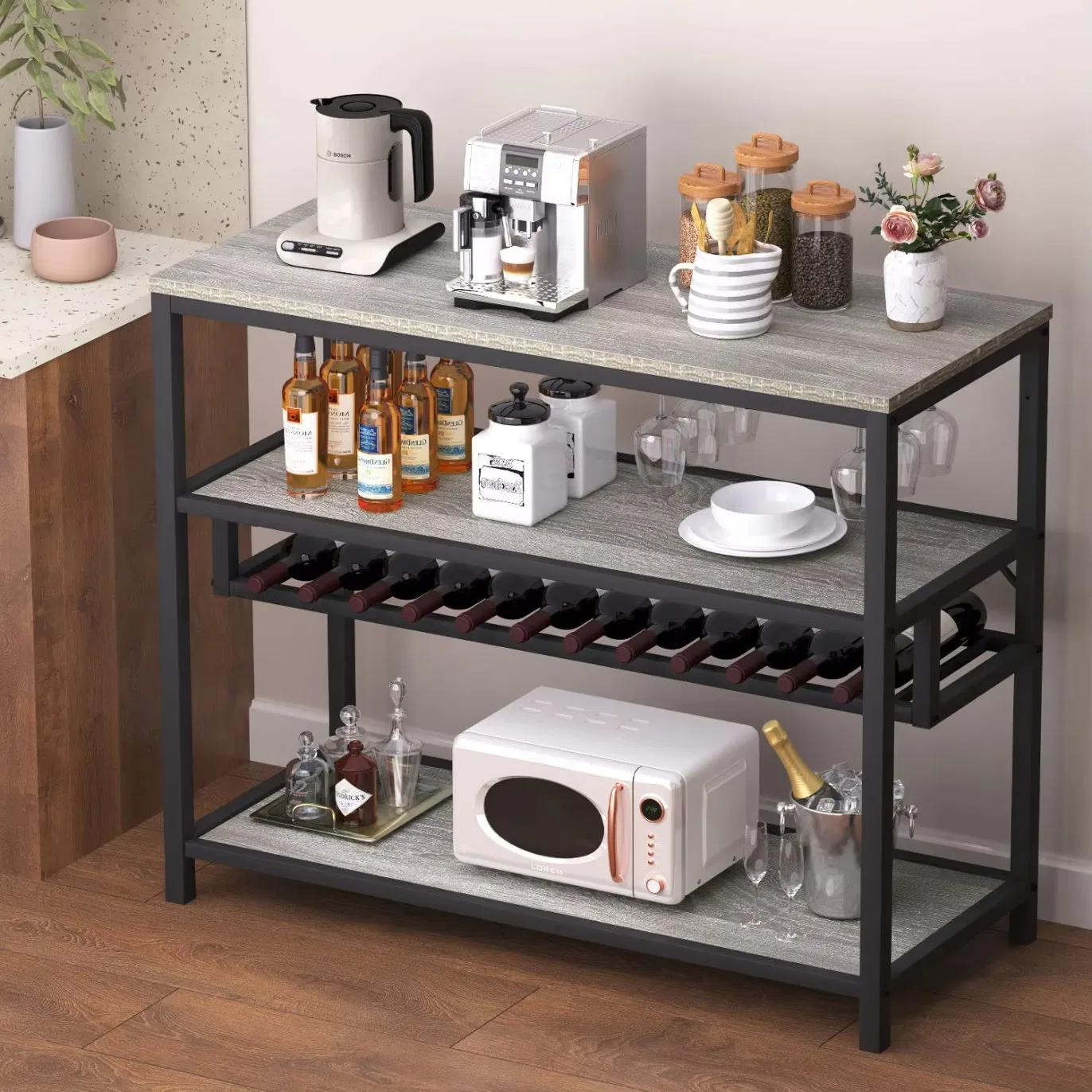Freestanding Wood-Metal Wine Rack Bar Cabinet with Glass Holder