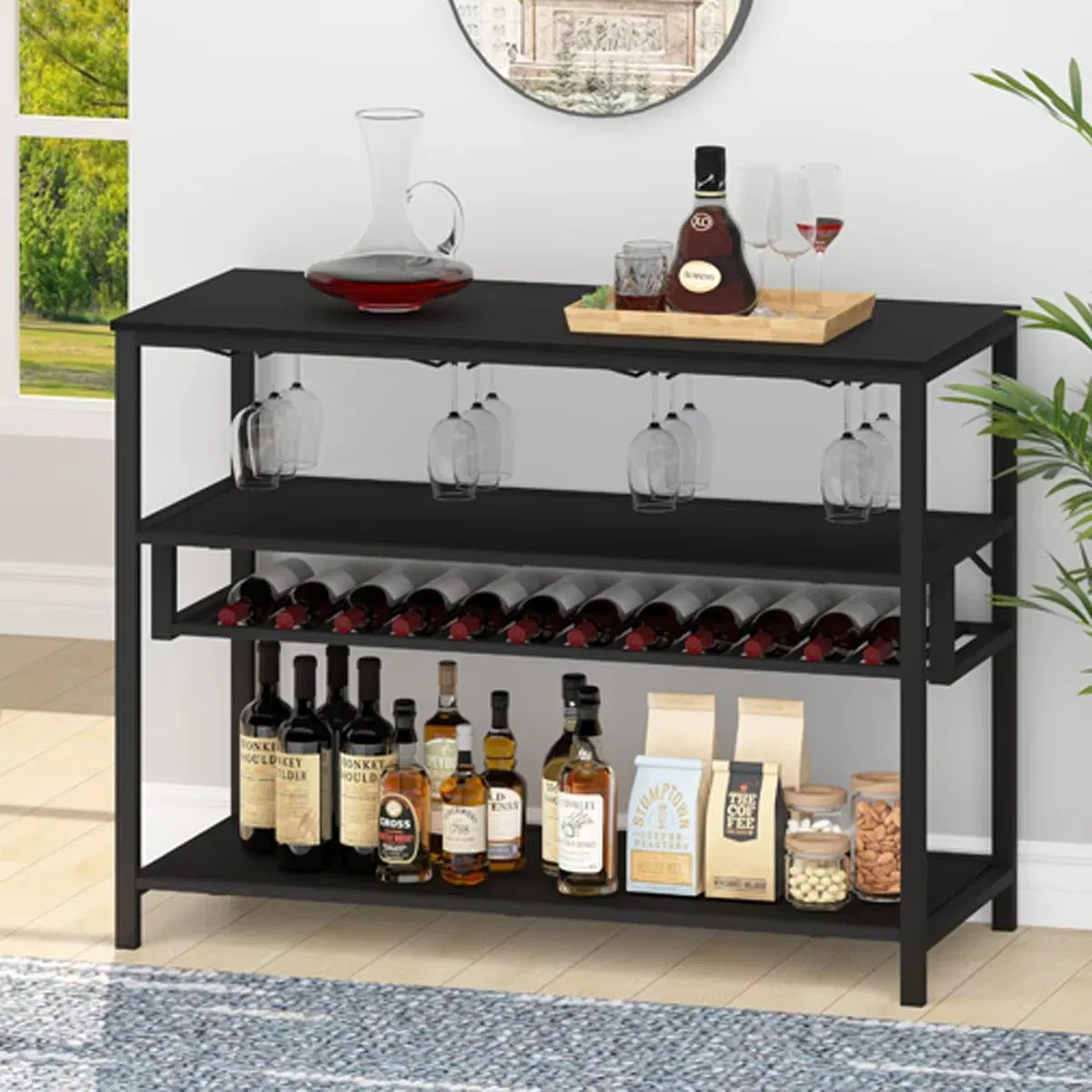 Freestanding Wood-Metal Wine Rack Bar Cabinet with Glass Holder