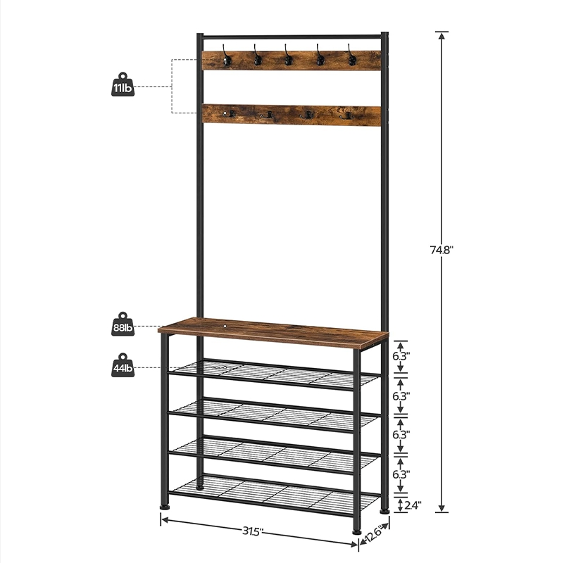 5-Tier Entryway Coat Rack Furniture Rustic Industrial Hall Tree with Bench and Shoe Storage