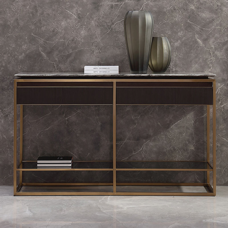 Luxury Gold Stainless Steel Marble Console Table Living Room Furniture Luxurious Modern Console Table with Shelving and Drawers