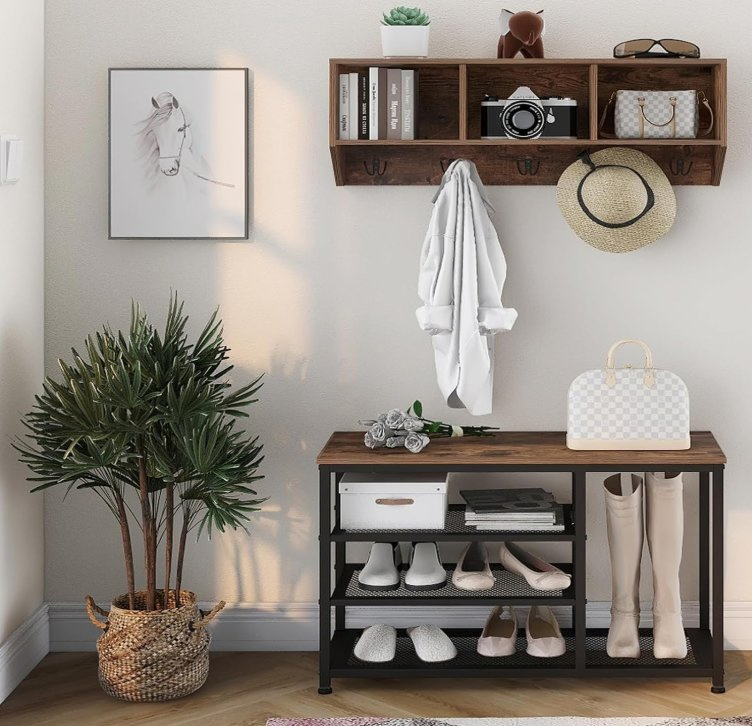 Coat Rack Shoe Bench Set Entryway Hall Tree with Bench Shoe Rack Wall Mounted Coat Rack 3 Storage Cubbies Display Shelf E (Brown)