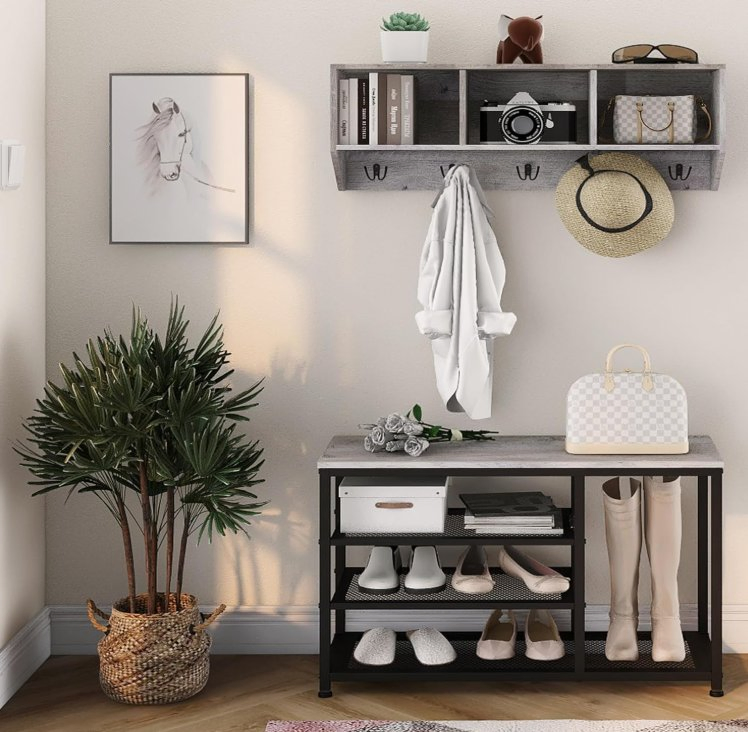 Coat Rack Shoe Bench Set Entryway Hall Tree with Bench Shoe Rack Wall Mounted Coat Rack 3 Storage Cubbies Display Shelf (Grey)