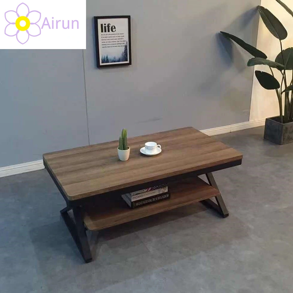 Simple Design Industrial Wooden Top Metal Frame Coffee Table with Storage Shelf for Living Room