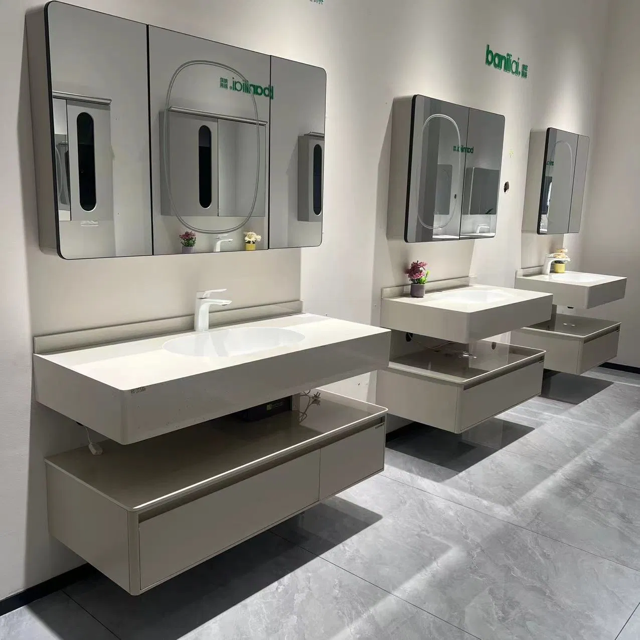 Baked Enamel Stainless Steel with Seamless Integrated Sintered Stone Sink Bathroom Vanity