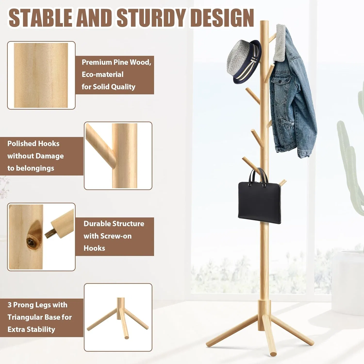 Entryway Bedroom Adjustabel Easy Assembly Wooden Coat Rack Stand with 8 Hooks