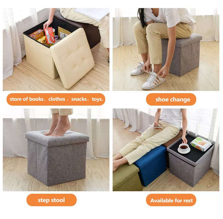 Fabric Linen Leather Collapsible Toy Footrest Foldable Storage Box Stools Ottoman Bench