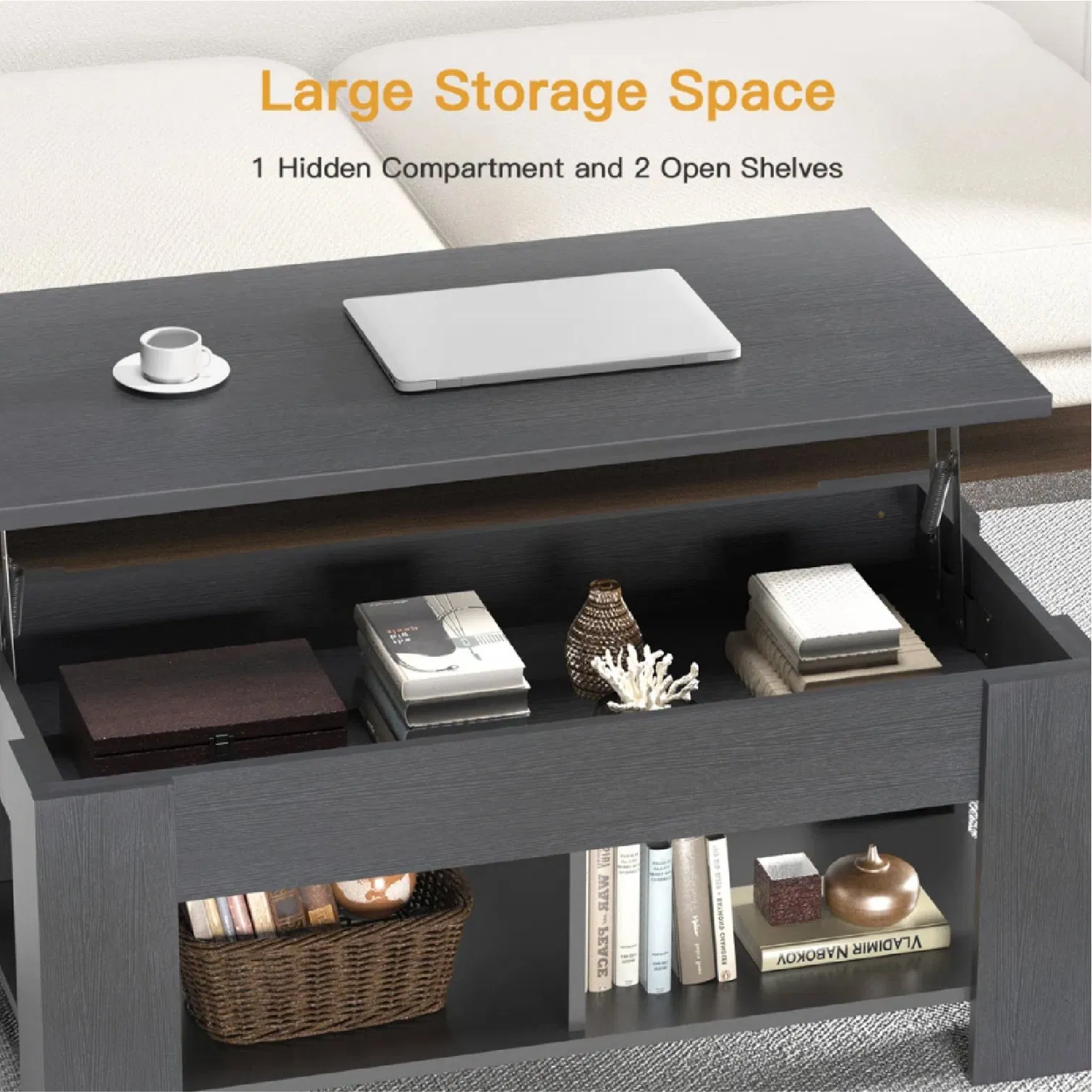 Modern Lifting Platform Coffee Table with Hidden Storage and Low Wooden Legs Side Table