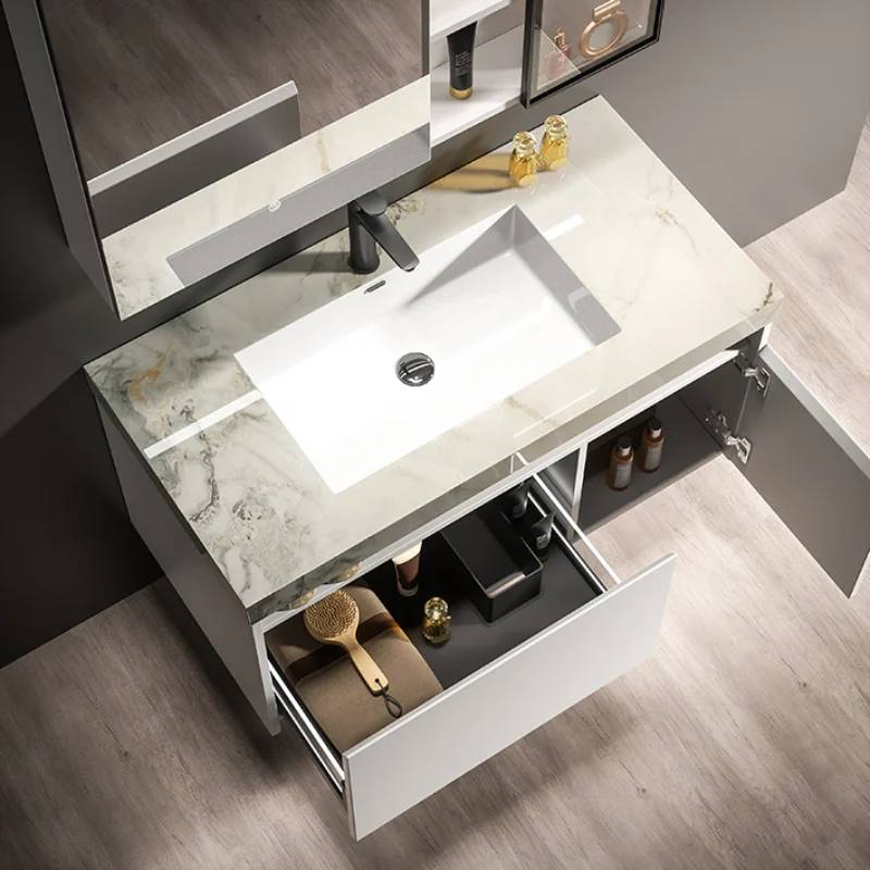 Modern Grey Solid Wood, Bathroom Furniture, Bathroom Vanity Set, Wall Mounted Bathroom Vanity, Washbasin Cabinet, Marble Design, Mirror