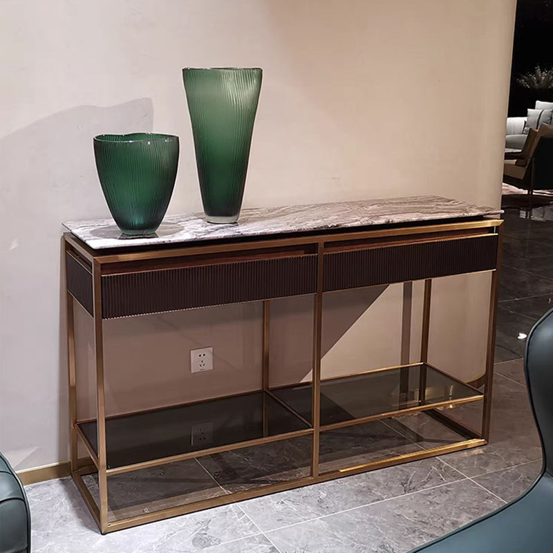 Luxury Gold Stainless Steel Marble Console Table Living Room Furniture Luxurious Modern Console Table with Shelving and Drawers
