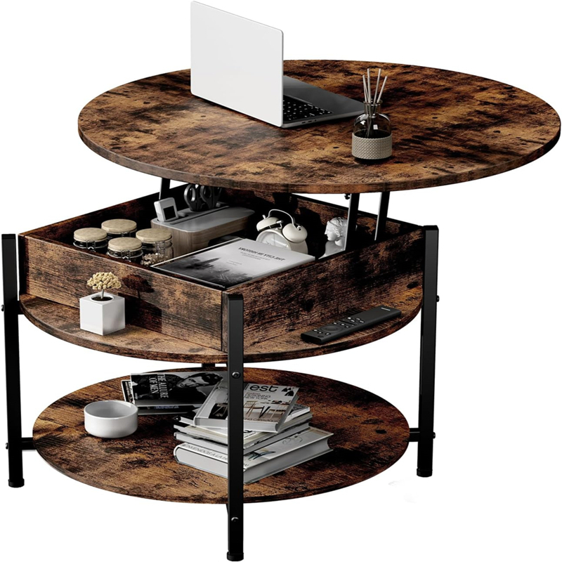 Round Lift Top Coffee Table with Hidden Compartment &amp; Storage Shelf for Living Room Reception Room