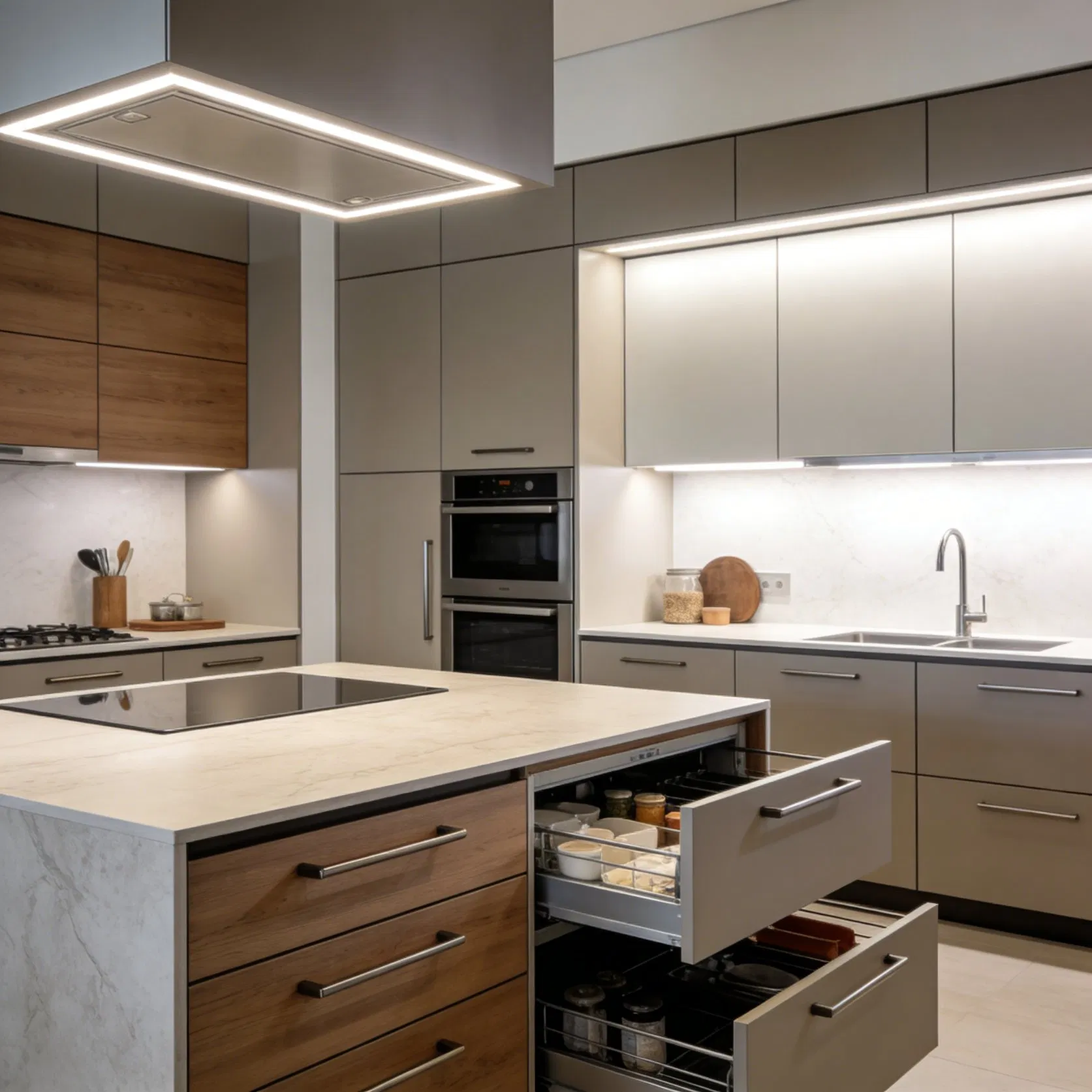 High-Gloss Grey &amp; Wood Kitchen Cabinets Custom Storage Solutions with Pull-out Baskets &amp; Tall Pantry