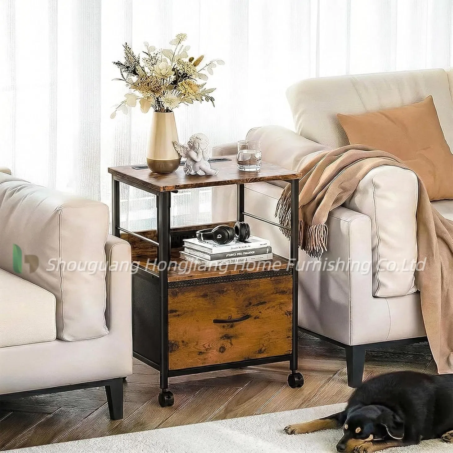 Lift Top Bedside Table with Charging Station, Rolling Night Stand