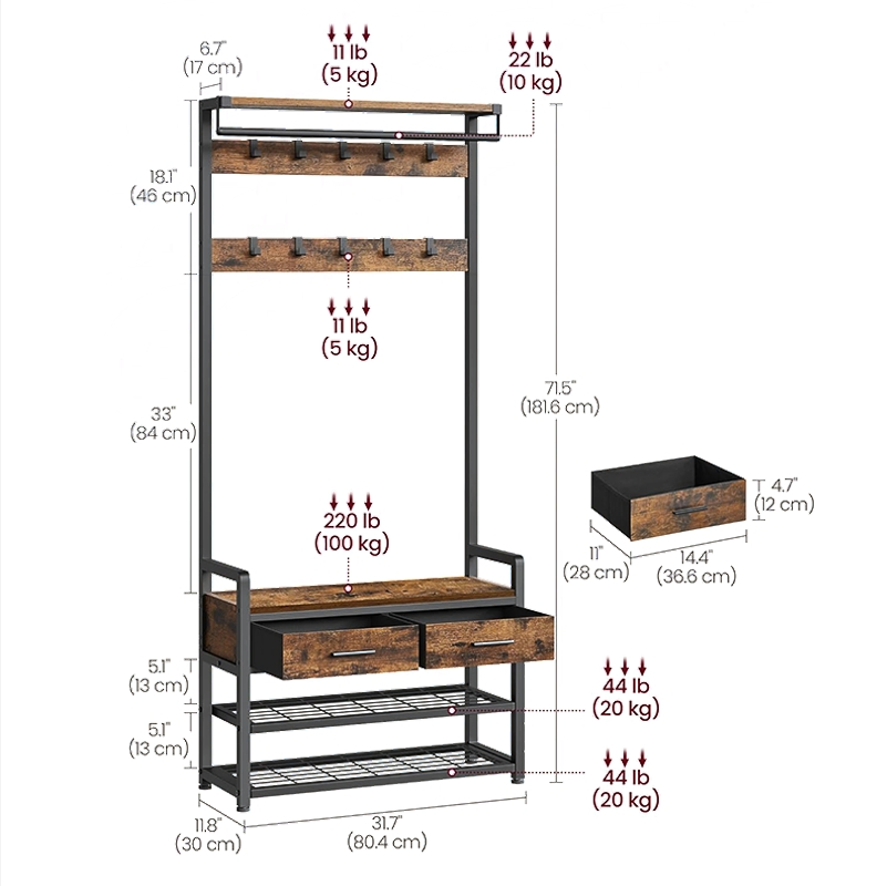 Durable Detachable Entryway Coat Rack Vintage Brown Entryway Cabinet with Drawer Bench and Shoe Storage