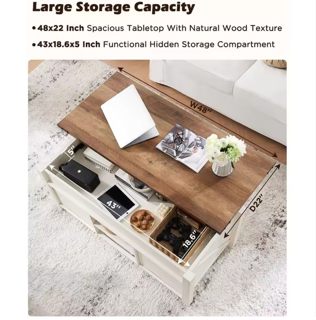 Adjustable Shelf Lift Top Coffee Table with Sliding Barn Door Hidden Storage