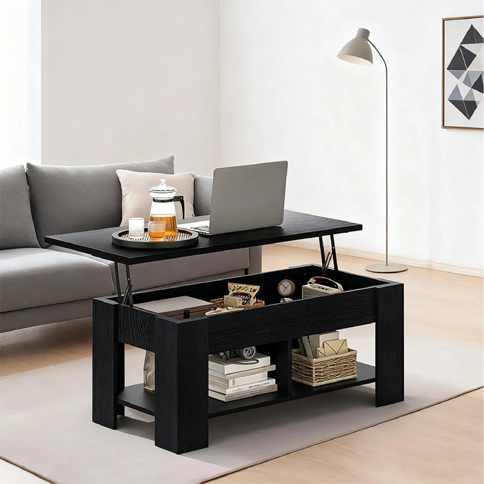 Modern Lifting Platform Coffee Table with Hidden Storage and Low Wooden Legs Side Table