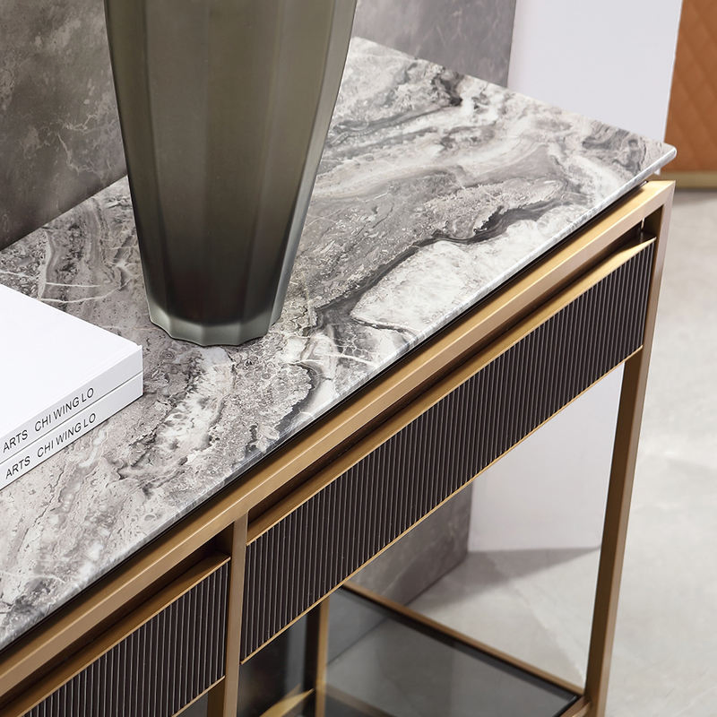 Luxury Gold Stainless Steel Marble Console Table Living Room Furniture Luxurious Modern Console Table with Shelving and Drawers