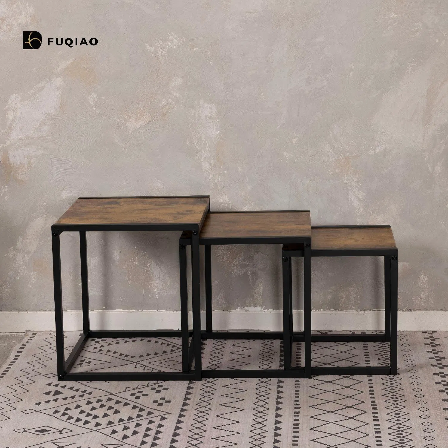 Industrial Loft Living Room Nesting Coffee Tables, 3-Piece Set, Antique Texture Solid Wood Panel, Stackable for Storage, Free Combination