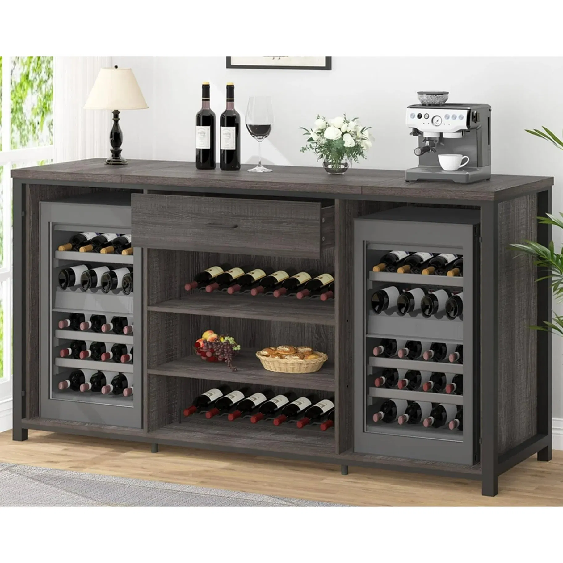 Modern Wood Grain Metal Large Wine Liquor Cabinet with Rack