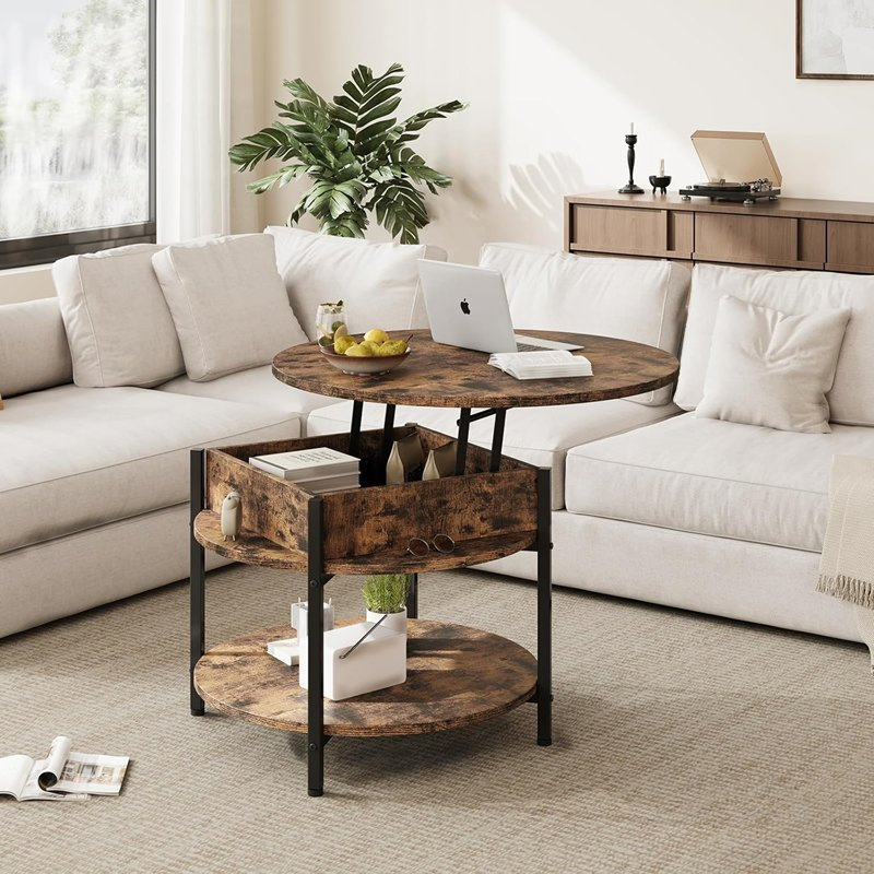 Round Lift Top Coffee Table with Hidden Compartment &amp; Storage Shelf for Living Room Reception Room