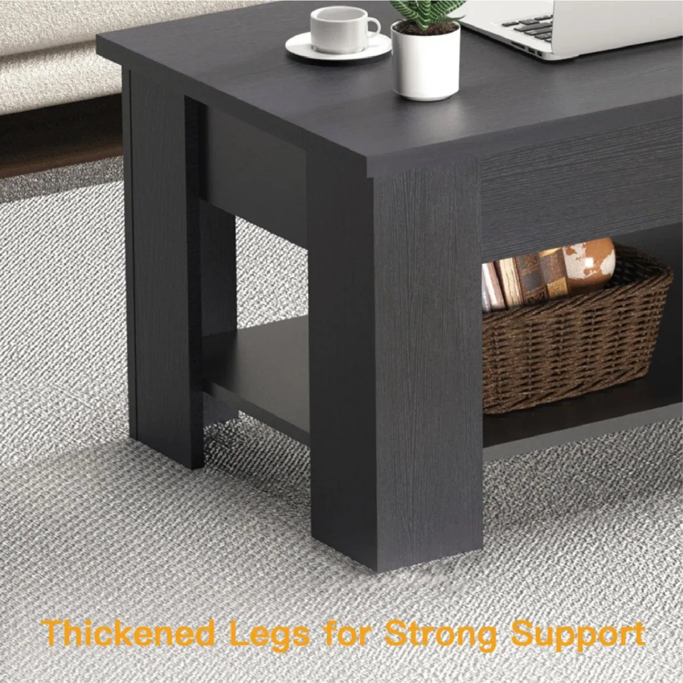 Modern Lifting Platform Coffee Table with Hidden Storage and Low Wooden Legs Side Table