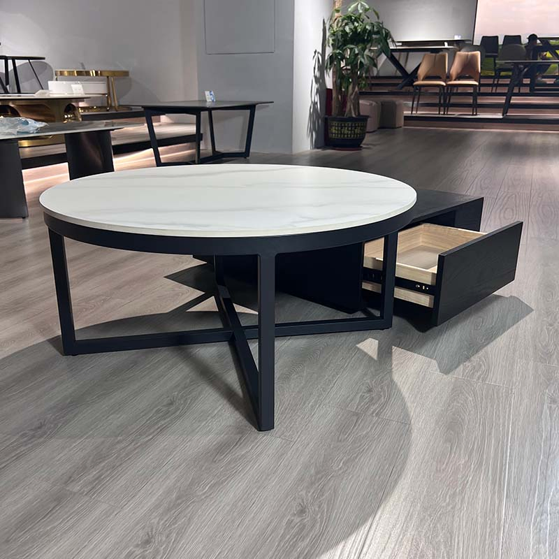 European Modern Design Luxury Living Room Home Furniture Set Side Table Wood Storage Black Round Rock Slab Coffee Table