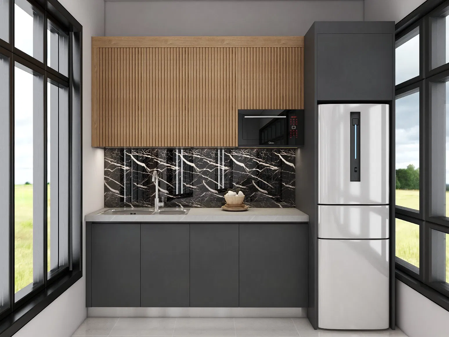 Small Kitchen Cabinet Modern Black and Wood Tone Pantry